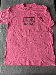 Neon Pink “Guchi” screen printed t shirt size Large Soft Worn Street Art