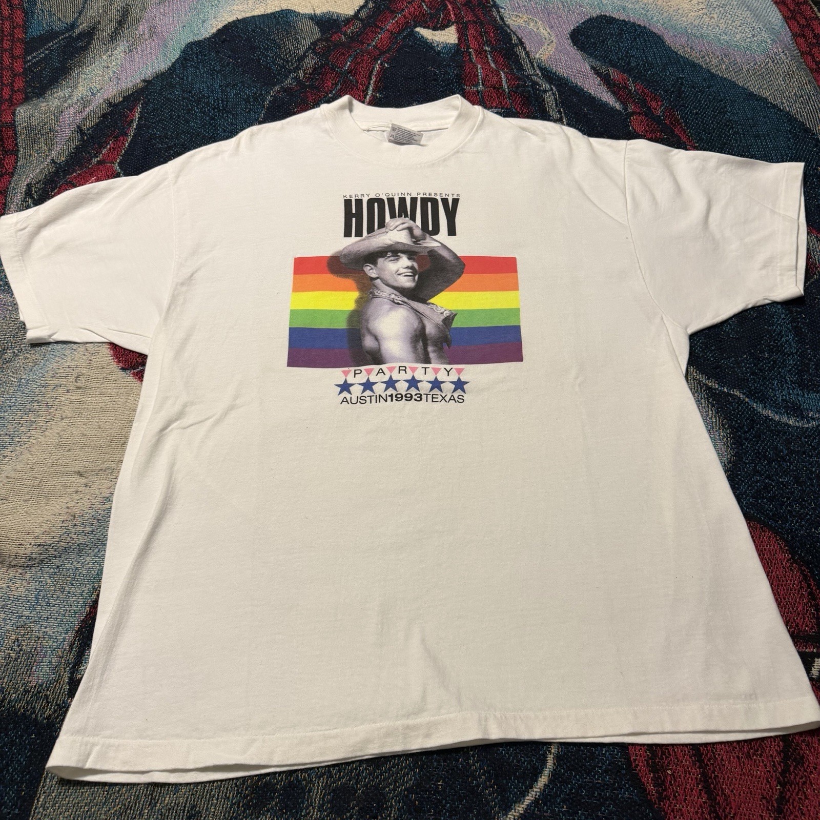 Vintage 90s LGBTQ Pride Kerry O'Quinn Party Shirt White Men's L Cowboy Austin TX gallery