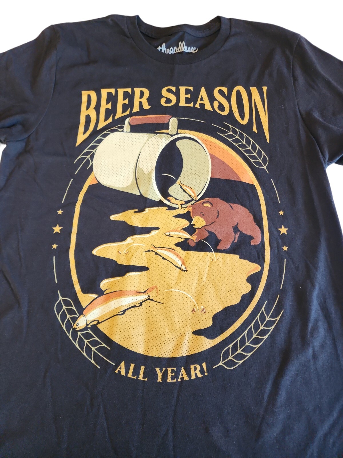 Novelty T-shirt Graphic Tee Beer Bear Season All Year Camping Woods Men's Small gallery
