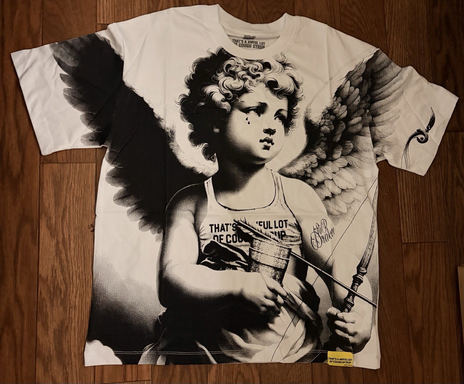Men’s White/Black Cupid Angel Graphic Print Cotton Knit Crew Neck Tee Size L