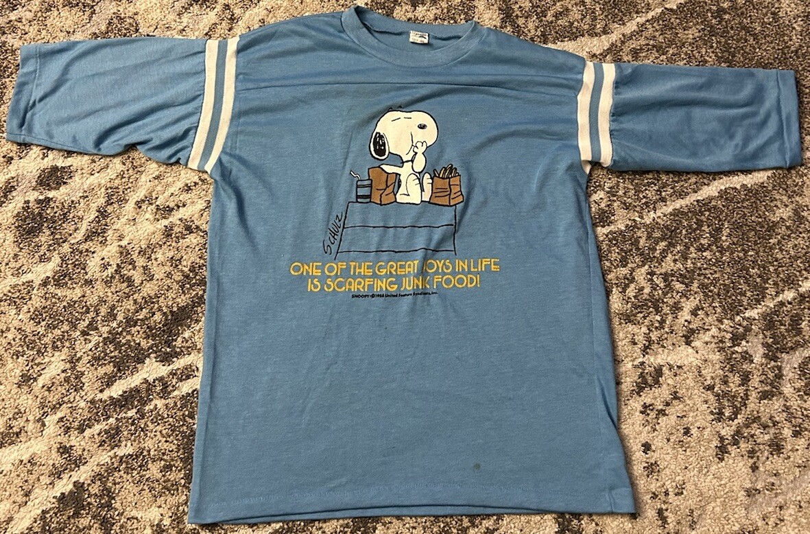 VTG 70s Snoopy Junk Food Baby Blue Single Stitch Shirt Schultz Artex Large RARE gallery