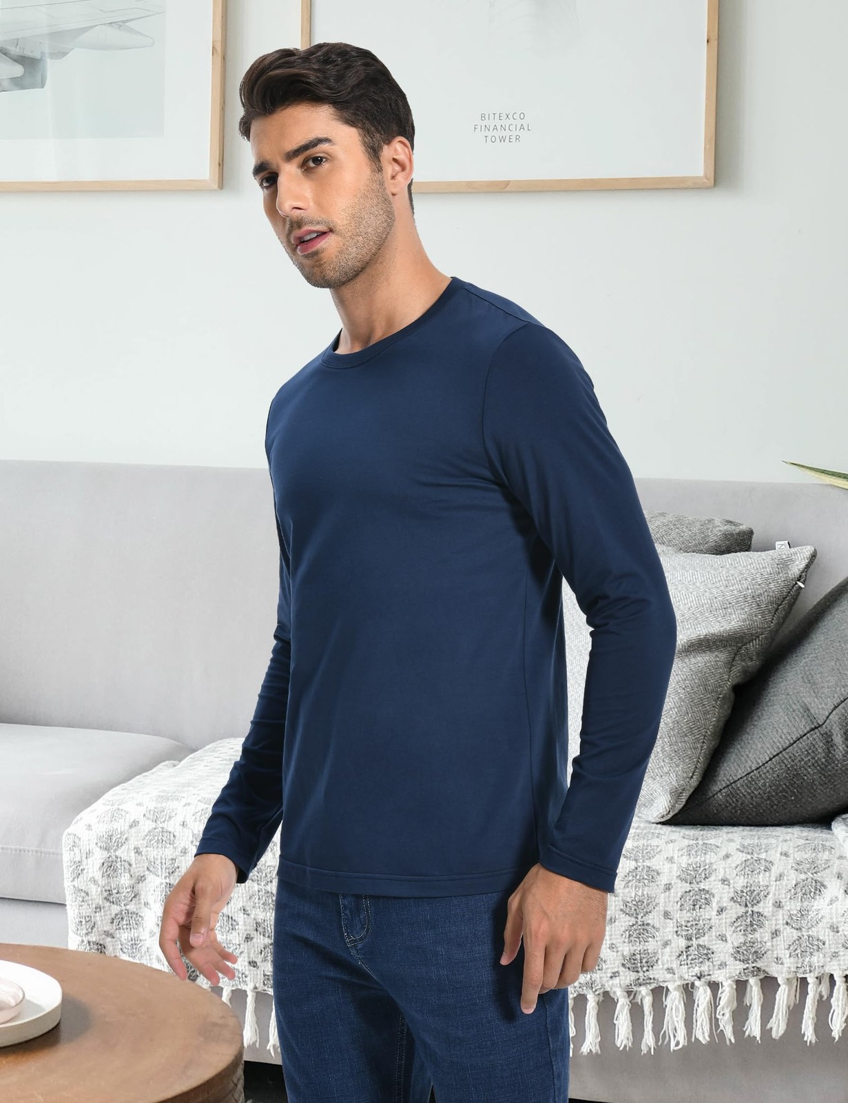 Men's 2 Pack Long Sleeve Soft Casual Cotton Crew Neck Shirts (Navy Blue, XXL) gallery