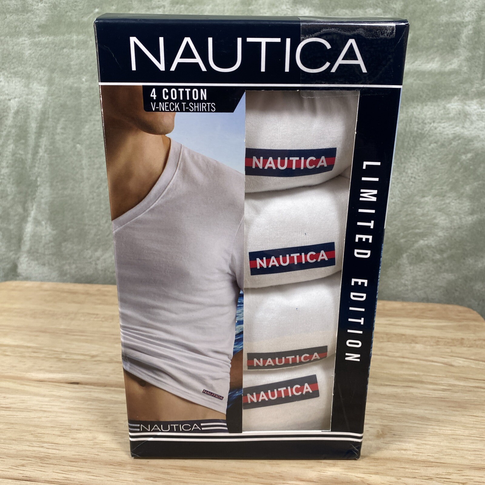 Nautica V-Neck T-Shirts Men's S 34-36 White Cotton Limited Edition 4 Pack NWT gallery