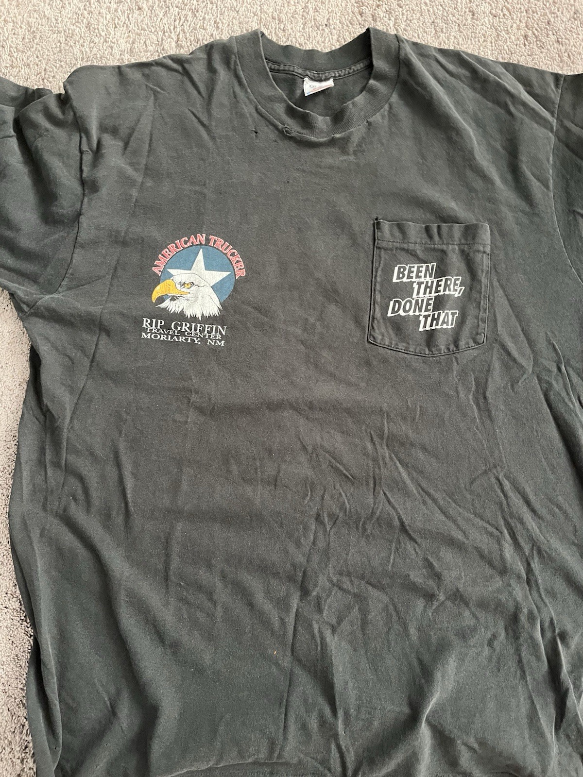 VintageAmerican Trucker Rip Griffin Travel Center Black Pocket Graphic Tee