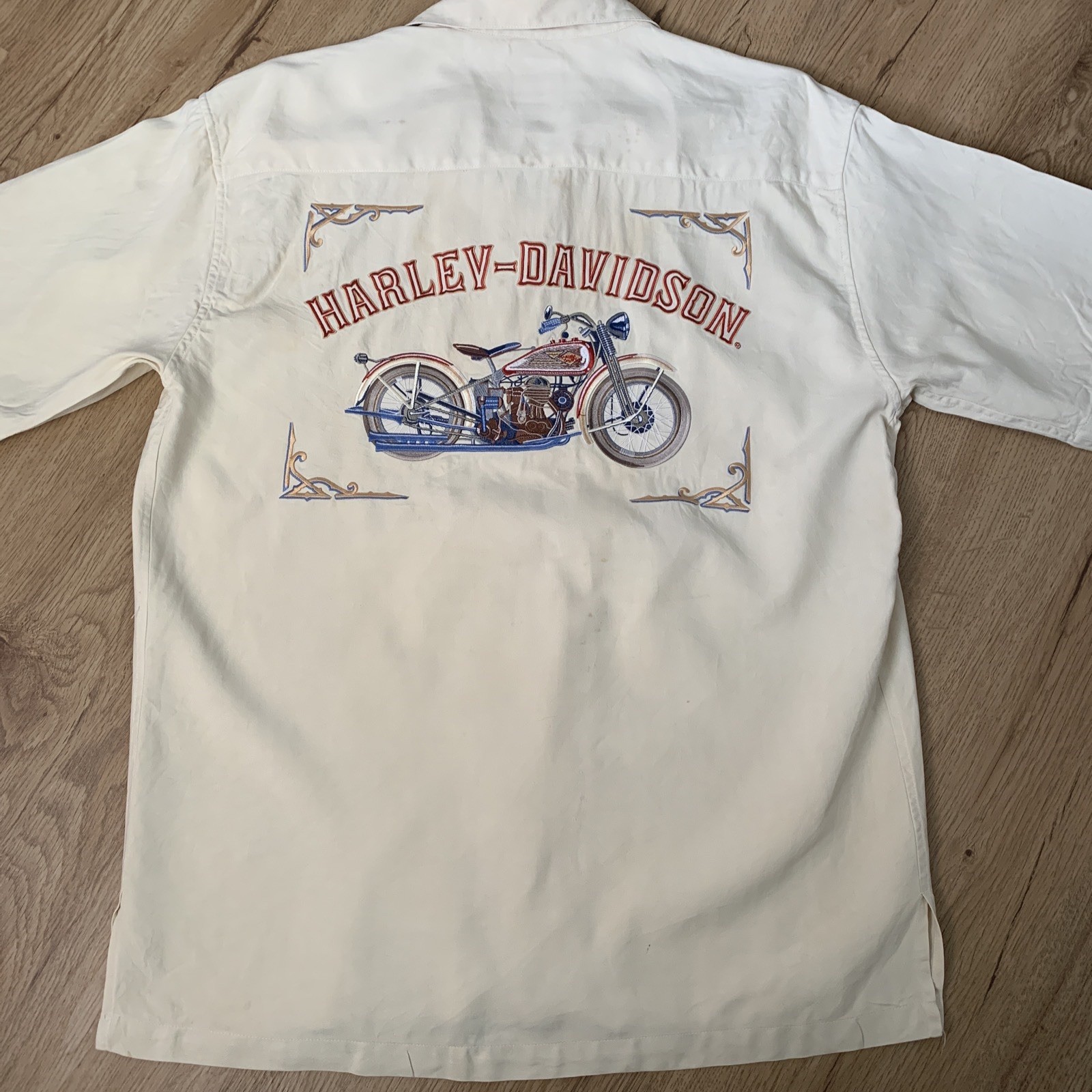 Harley Davidson Silk Mens Shirt 9x14 embroidered back panel Size M - Read Desc gallery