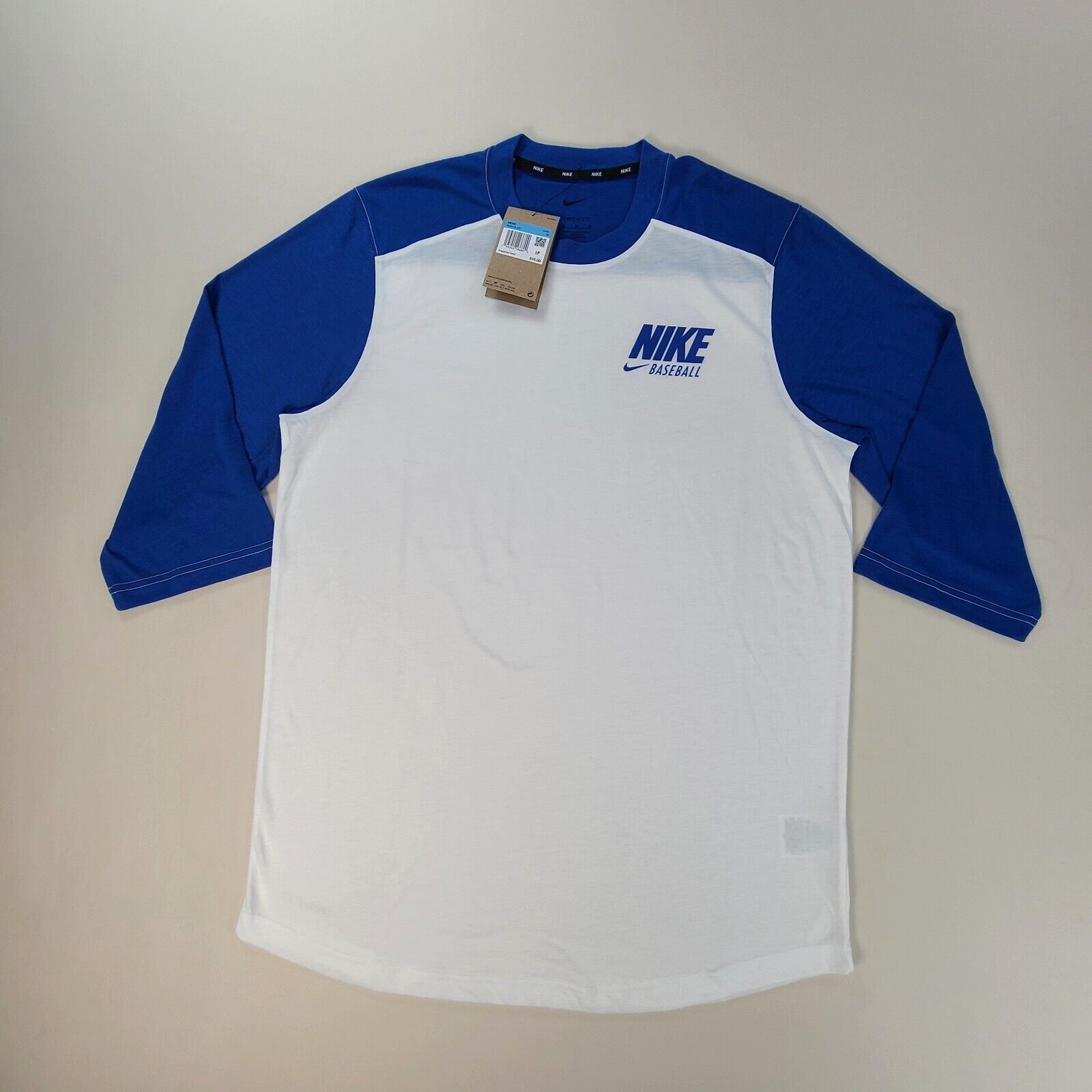 Nike Shirt Mens Medium White Blue Baseball Dri-Fit 3/4 Sleeve Outdoors gallery