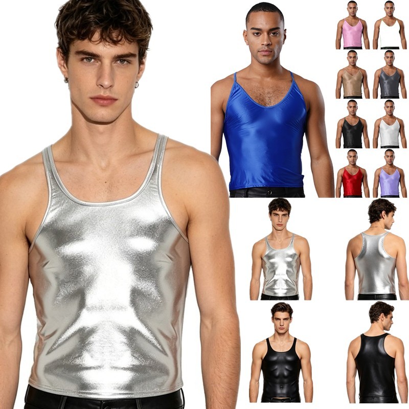 US Mens Metallic Shiny Slim Top Sleeveless Disco Sling Vest T-shirt for Gym Club gallery