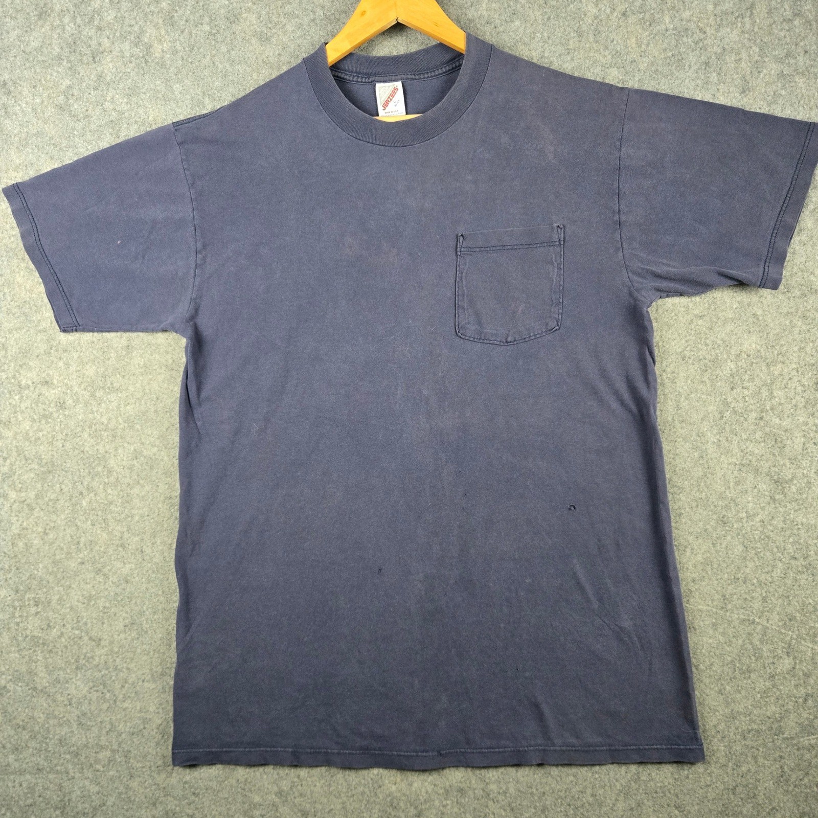Vintage Pocket T-Shirt Mens Large Navy Blue Blank Distressed Faded 90s USA Made gallery