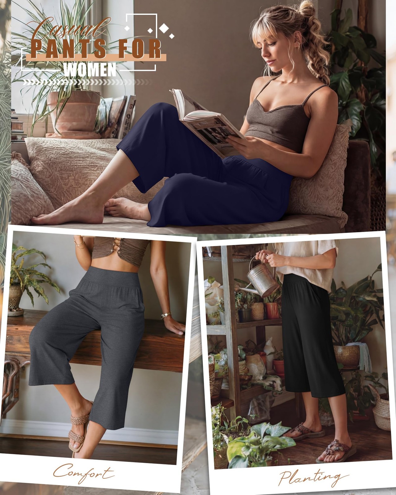 Neer 3 Pack Women Capri Pants Wide Leg High Waist Crop Lounge Sweatpants Loos... gallery