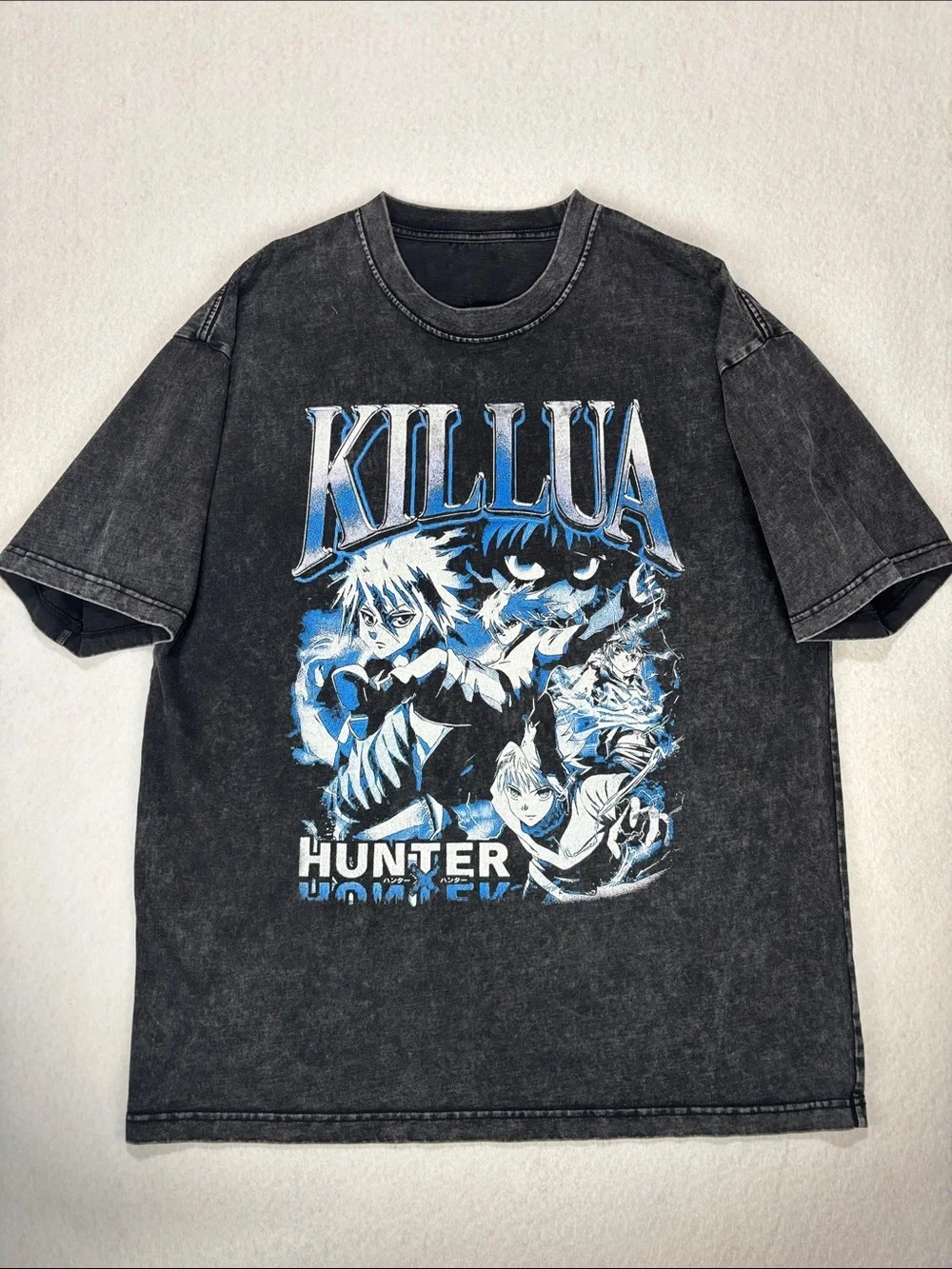 KILLUA x HUNTER x HUNTER T-Shirt Graphic Tee Black Grey Acid Wash VTG look XL?