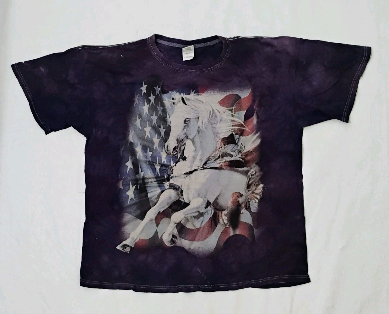 The Mountain White Horse American Flag Print Purple Shirt Size XL