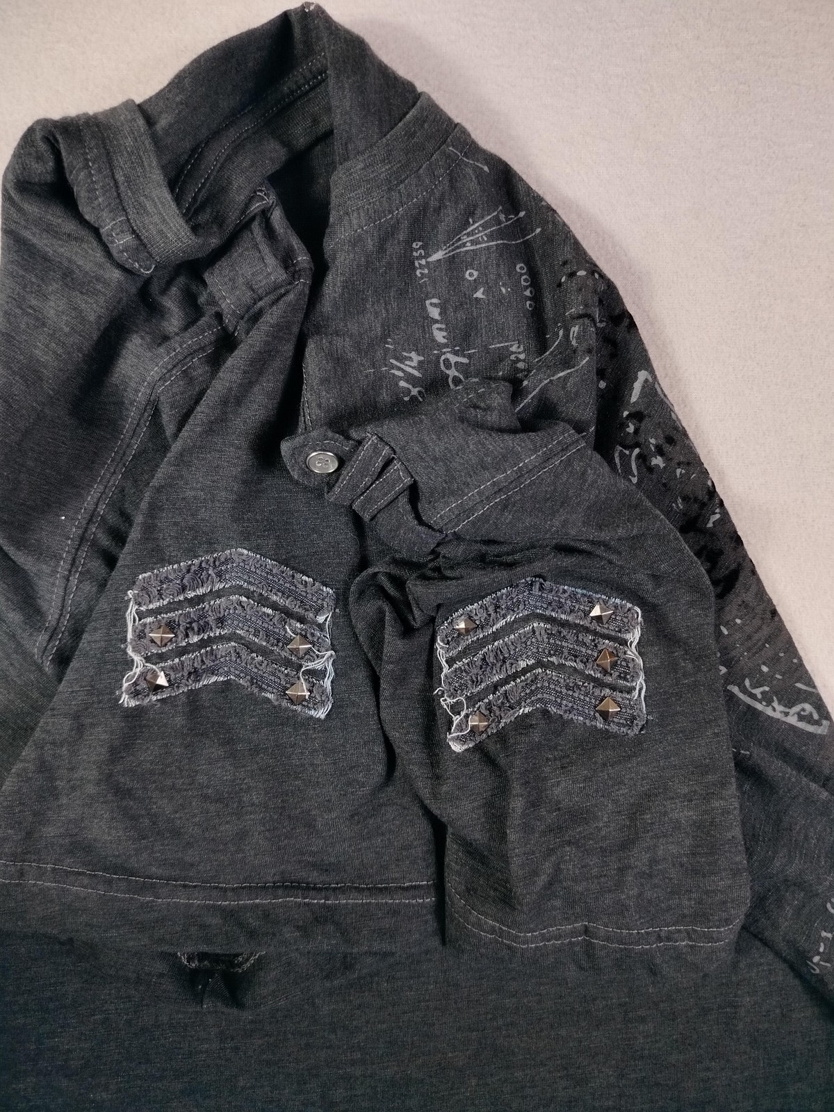 Vintage Y2K Shirt Mens Large Gray Math Print Zipper Pocket Epaulet Studded gallery