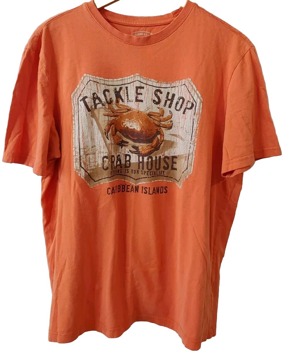 Caribbean Joe Graphic T-Shirt Mens M Washed Orange Crew Neck Cotton Tackle Shop
