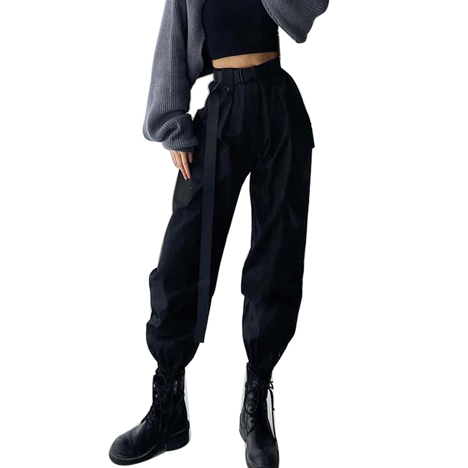 High Waist Solid Color Large Pocket Cargo Pants Women Loose Bundle Foot Ribbon gallery