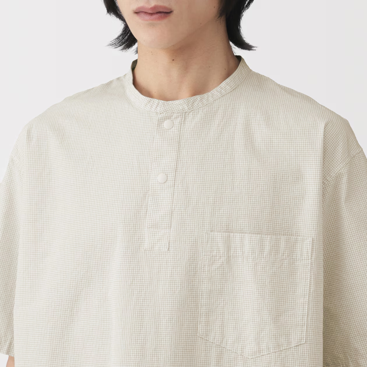 MUJI Mens 100% Organic Cotton Cool Touch Henley Neck T Shirt Gray Check FedEx gallery