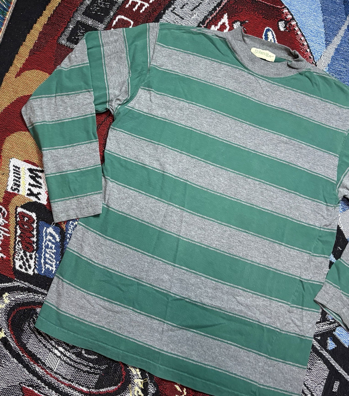 Vintage St Johns Bay Shirt Striped Green Gray Long Sleeve Medium Y2K Grunge gallery