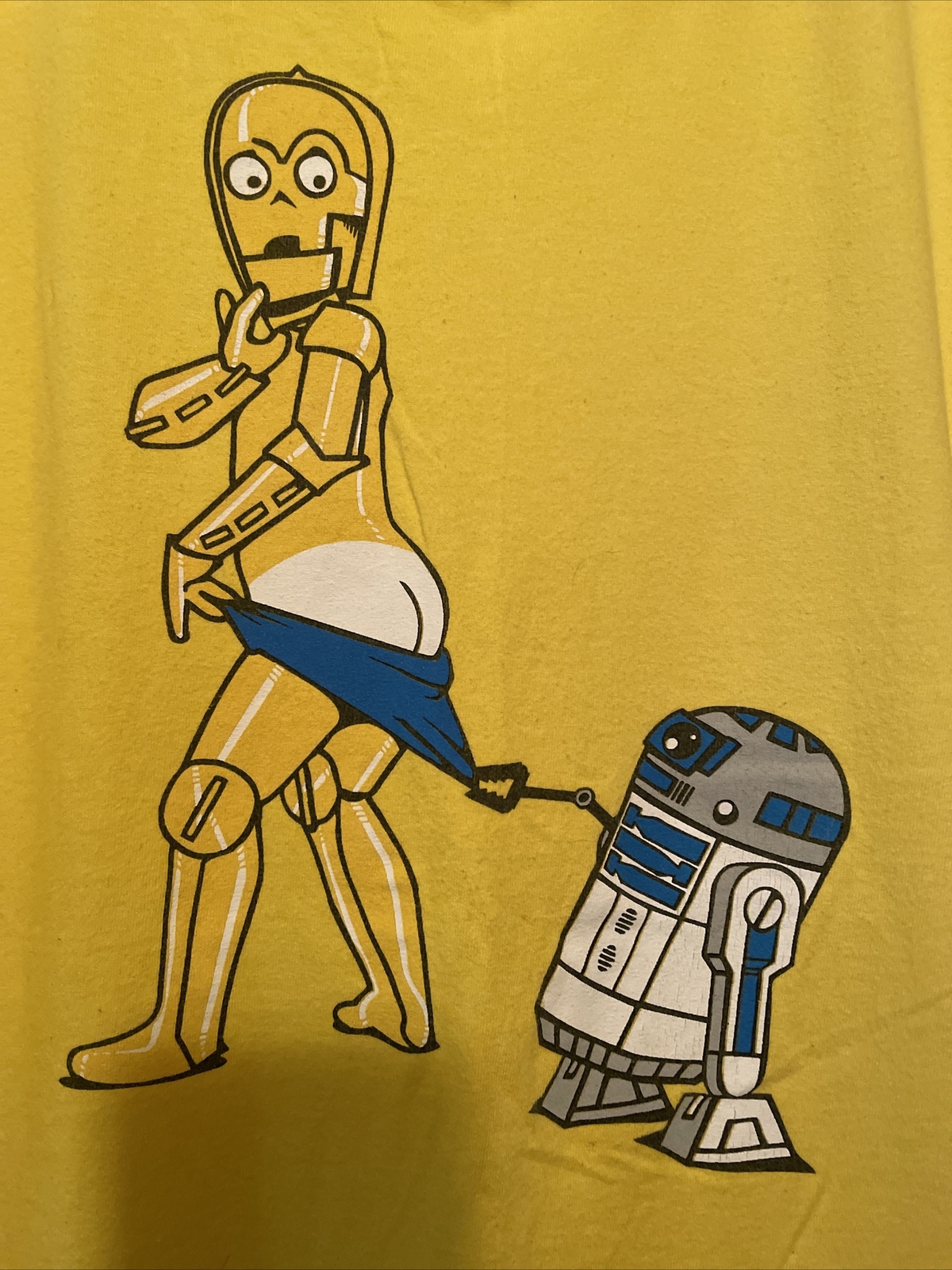 Star Wars C3PO R2D2 Coppertone Ad Men's Yellow TShirt Sz M Cotton TeeFury Rare gallery