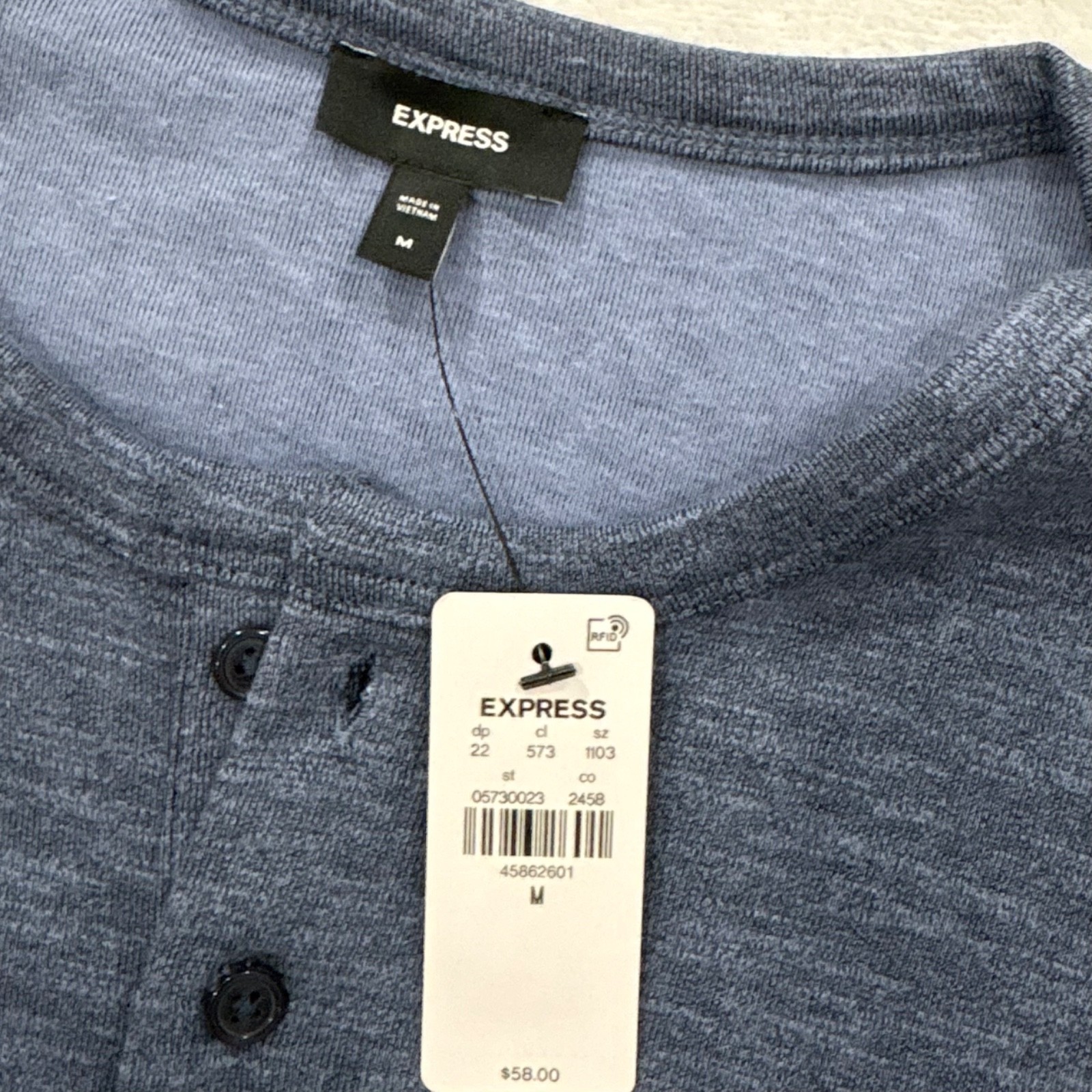 NWT ($58) Express Blue Long Sleeve Henley Shirt Men’s Size M gallery
