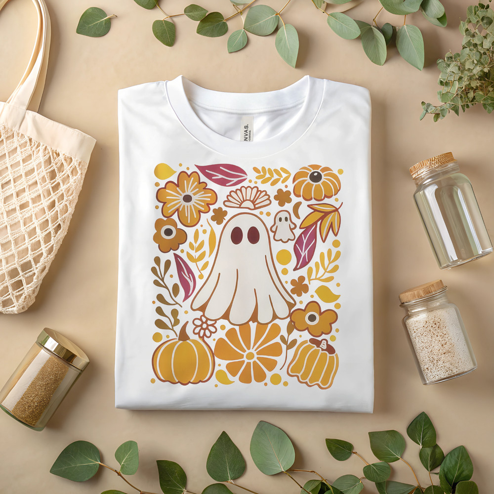 Cute Ghost Halloween Pumpkin Floral Graphic Tee Autumn Aesthetic A164