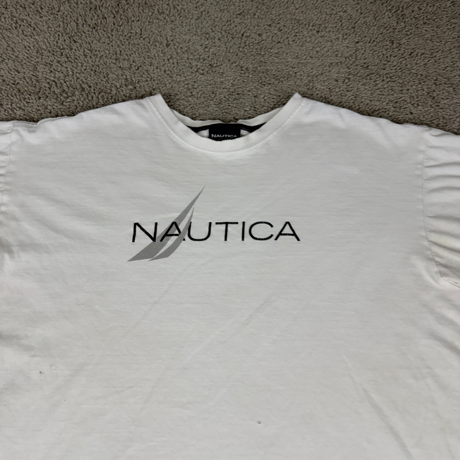 Nautica Shirt Mens Large White Blue Spell Out Logo Short Sleeve Cotton READ gallery