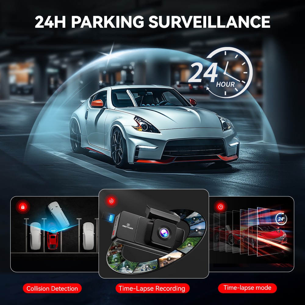REDTIGER A3 3 Channel Dash Camera 32GB Card With Acc Multi-Size Hardwire Kit