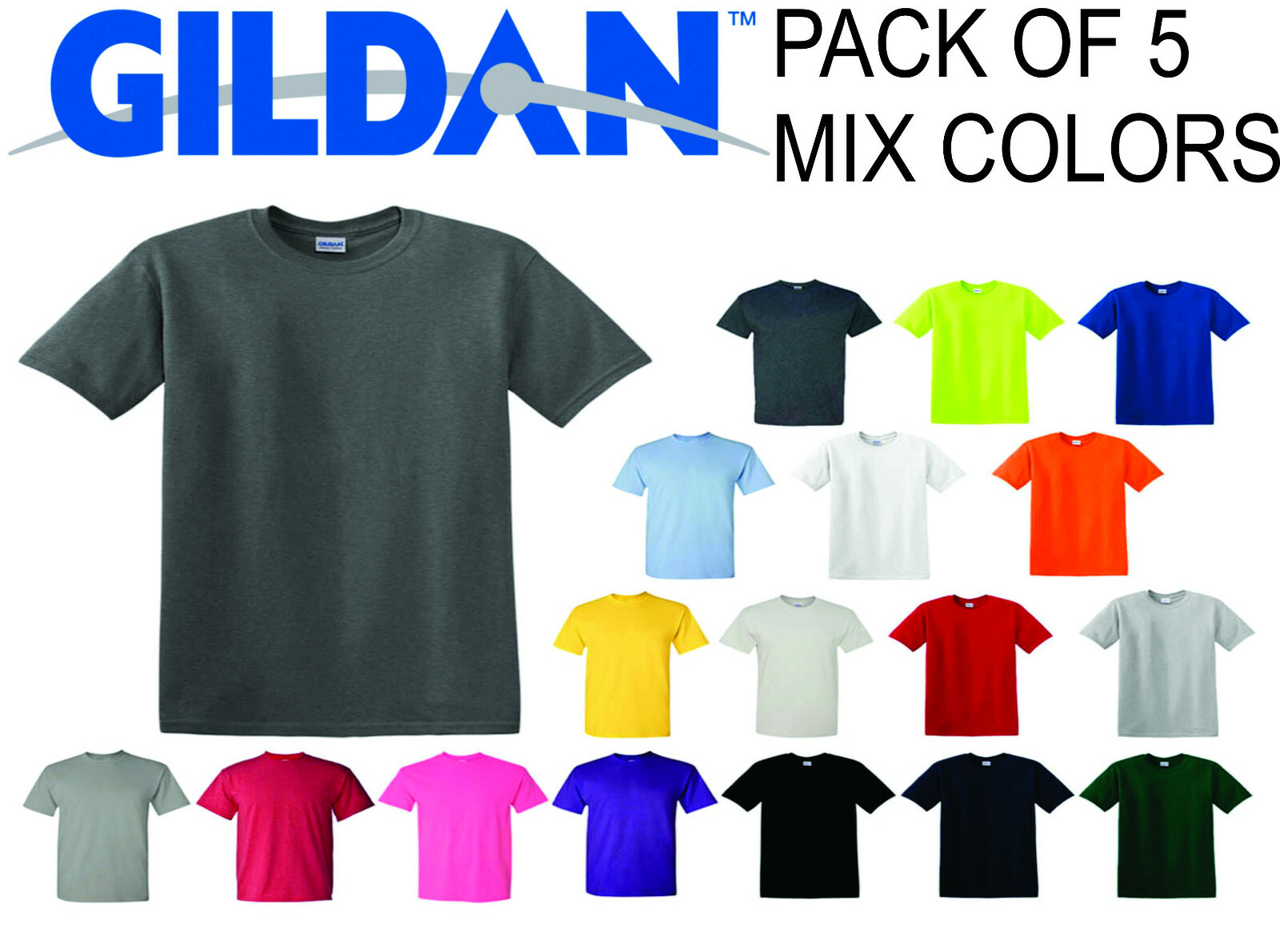 (5 Pack) GILDAN Short Sleeve Mix Colors Plain T Shirts S M L XL 2XL 3XL 4XL 5XL gallery