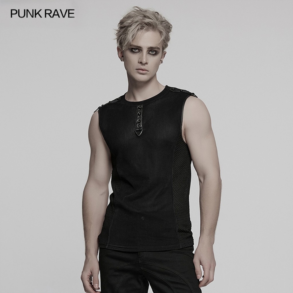 Punk Rave Men Black Gothic Cyber Punk Mesh Splicing Vest Slim Fit Casual Tops