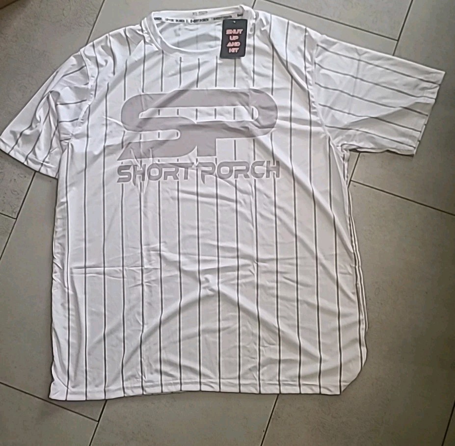 Short Porch (Shut Up And Hit) Short Sleeve Shirt, white with grey stripes gallery