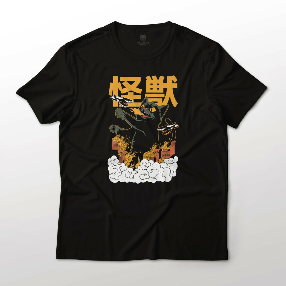Giant Kaiju Cat Cat Zilla Funny Graphic Art Tee Fine Jersey T-Shirt