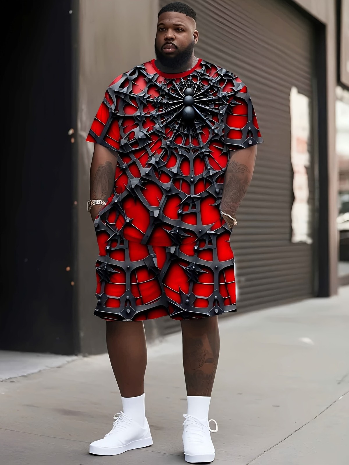 [Printed Design - Not Textured] Men's Plus Size Spider Red Web Print T-Shirt gallery