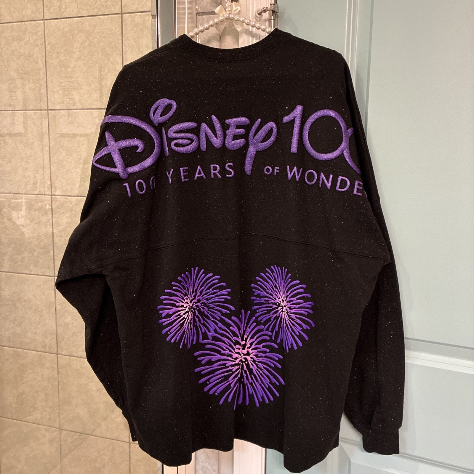 Disney 100 Years of Wonder Spirit Jersey Large Black Purple Glitter Fireworks gallery