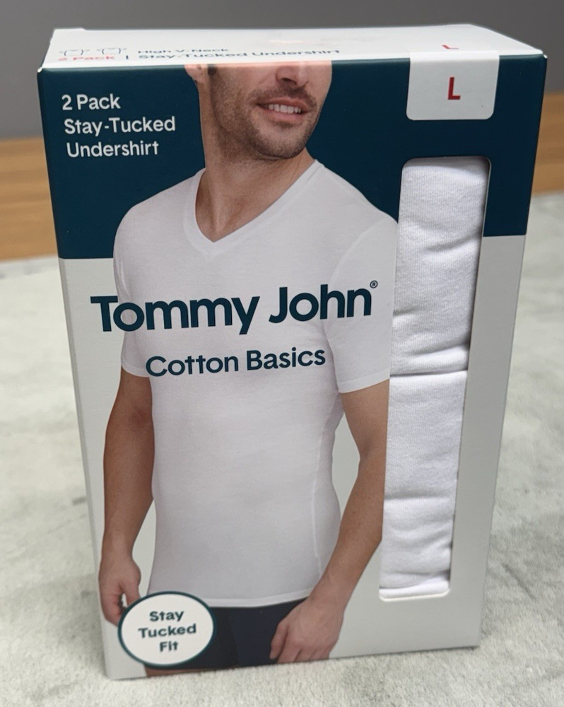 TOMMY JOHN 2 PACK STAY TUCKED V-NECK T-SHIRTS MEN’S SIZE L BRAND NEW IN BOX 🔥🔥