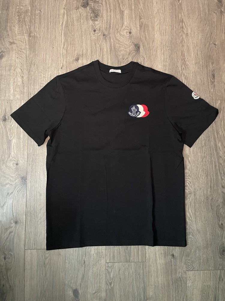 Moncler Multi-Colored Triple Logo Men’s Black Cotton T-Shirt Large Short Sleeve