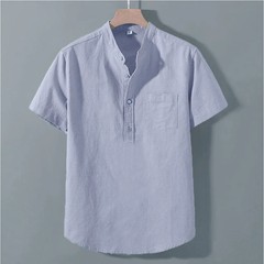 Men T Shirt Short Sleeve Solid Color Pocket Design Button Neck Streetwear Top