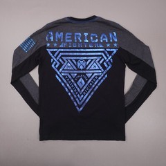 American Fighter Shiny Blue Graphic Long Sleeve T Shirt Mens Small Gray Black