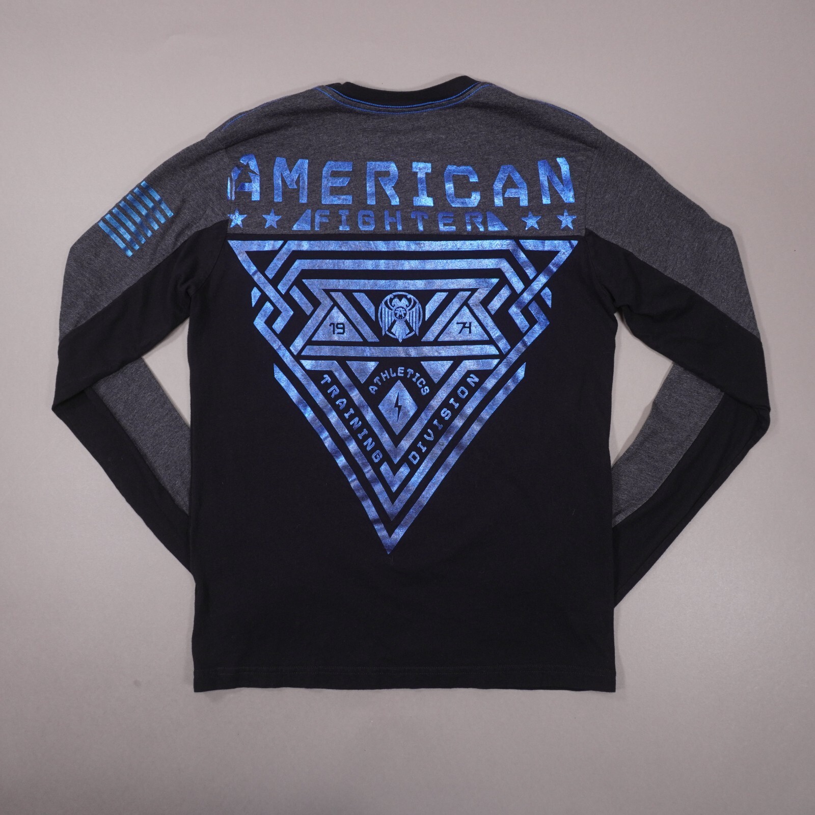 American Fighter Shiny Blue Graphic Long Sleeve T Shirt Mens Small Gray Black gallery