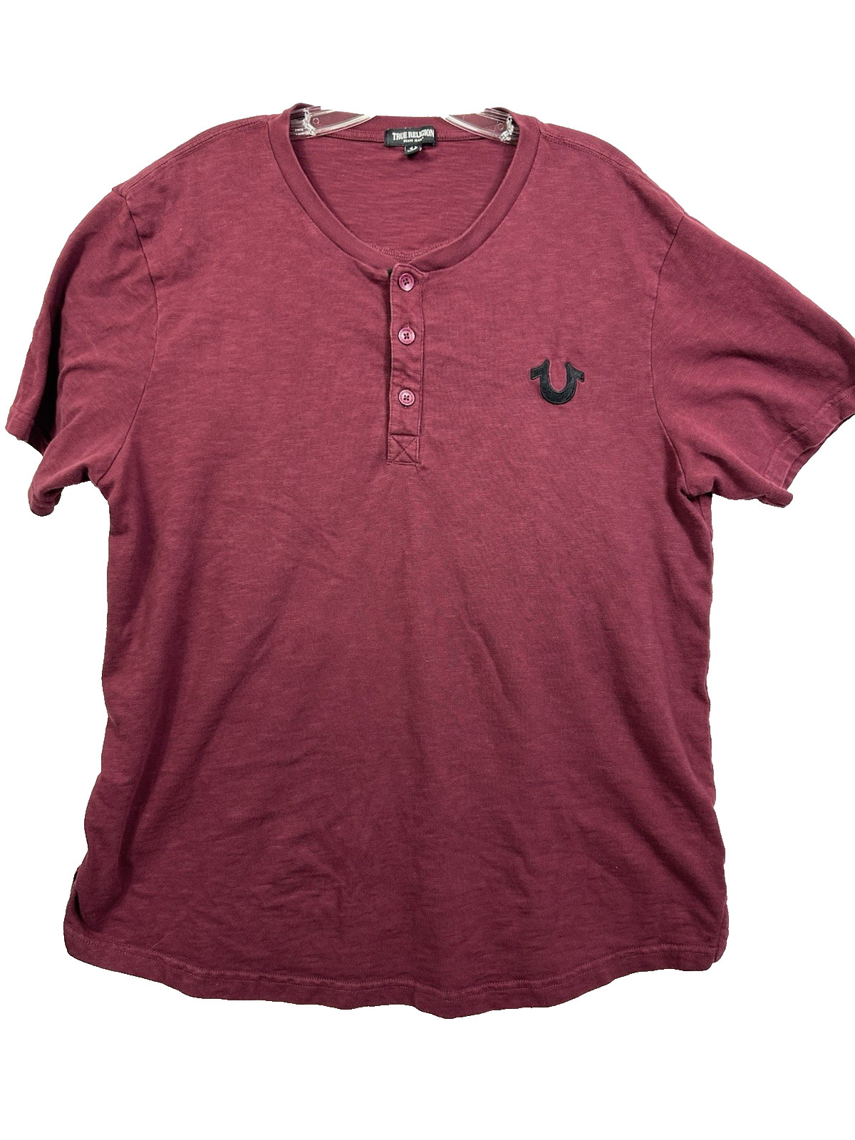 True Religion Mens 2XL Henley Shirt Burgundy Slub Knit Horseshoe Logo Maroon XXL