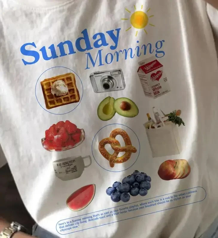 Fashion O-Neck Sweet Graphic Tops Cute 90s Clothing Sunday Morning Printed gallery