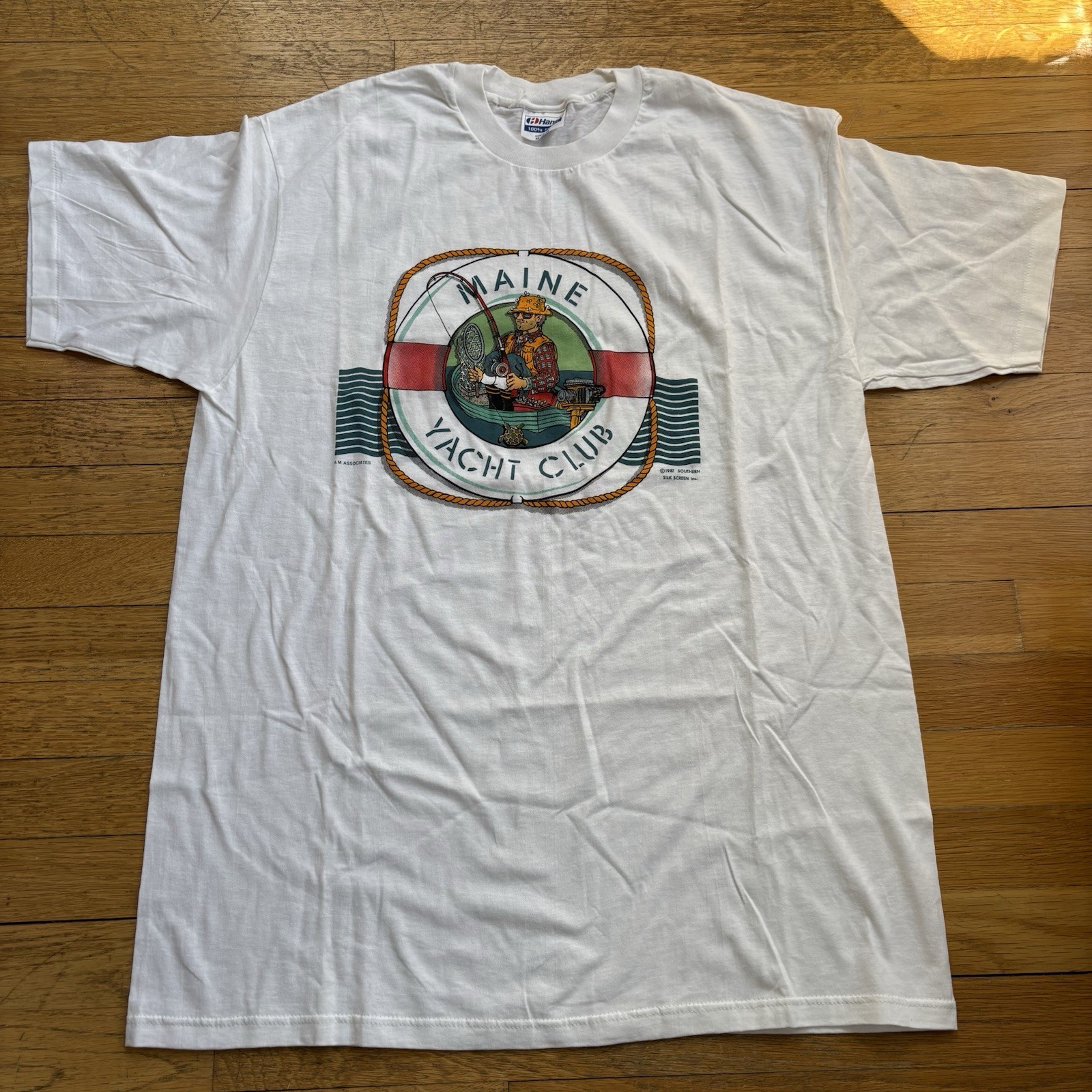 Vintage 80s Maine Fisherman Shirt Funny Yacht Club Sz XL White Deadstock gallery