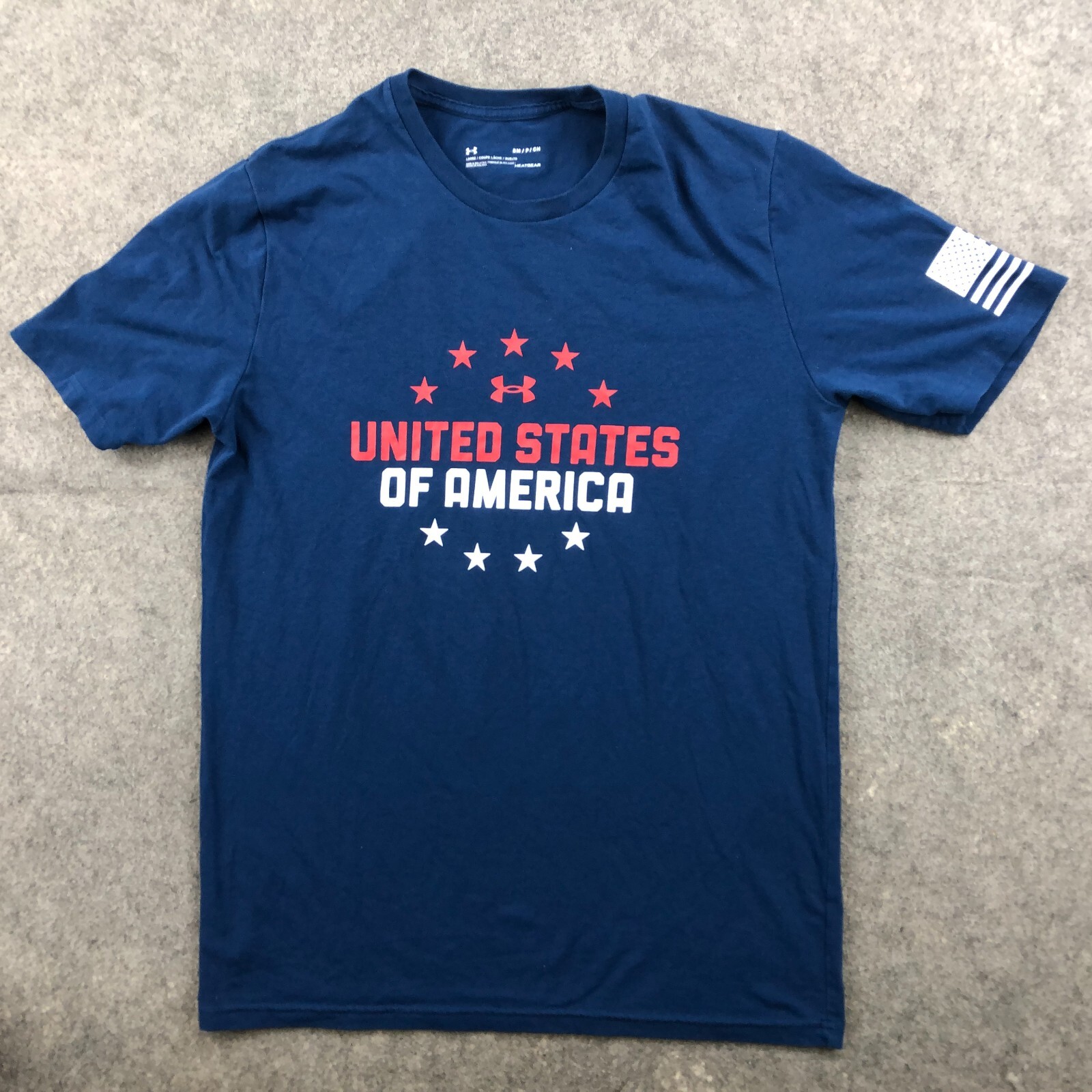 Under Armour Shirt Small Blue United States Of America Spell Out HeatGear Loose