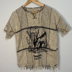 Vintage Hakuna Matata Elephant Graphic Tunic Top Tan Plaid FringeBoho Mens Small