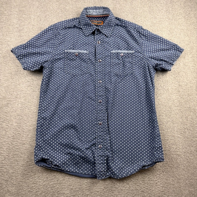PD&C Men’s S Short Sleeve Pearl Snap Shirt Blue Geometric Print Cotton PN9I9F16