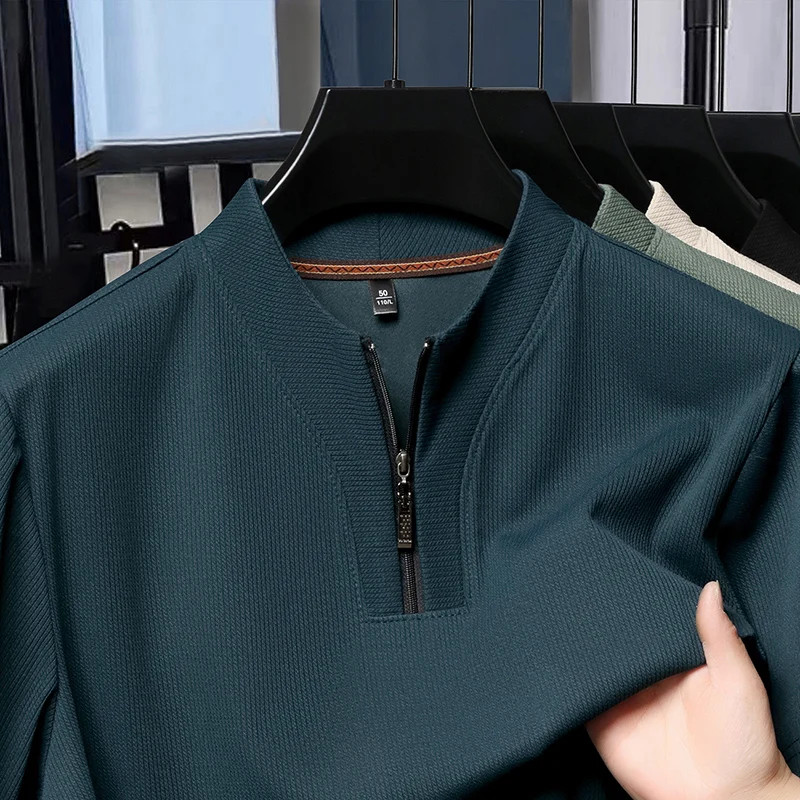 Half Zip Men's Short Sleeved T-shirt Summer Stand Up Collar Thin Hoodie Ice Silk gallery