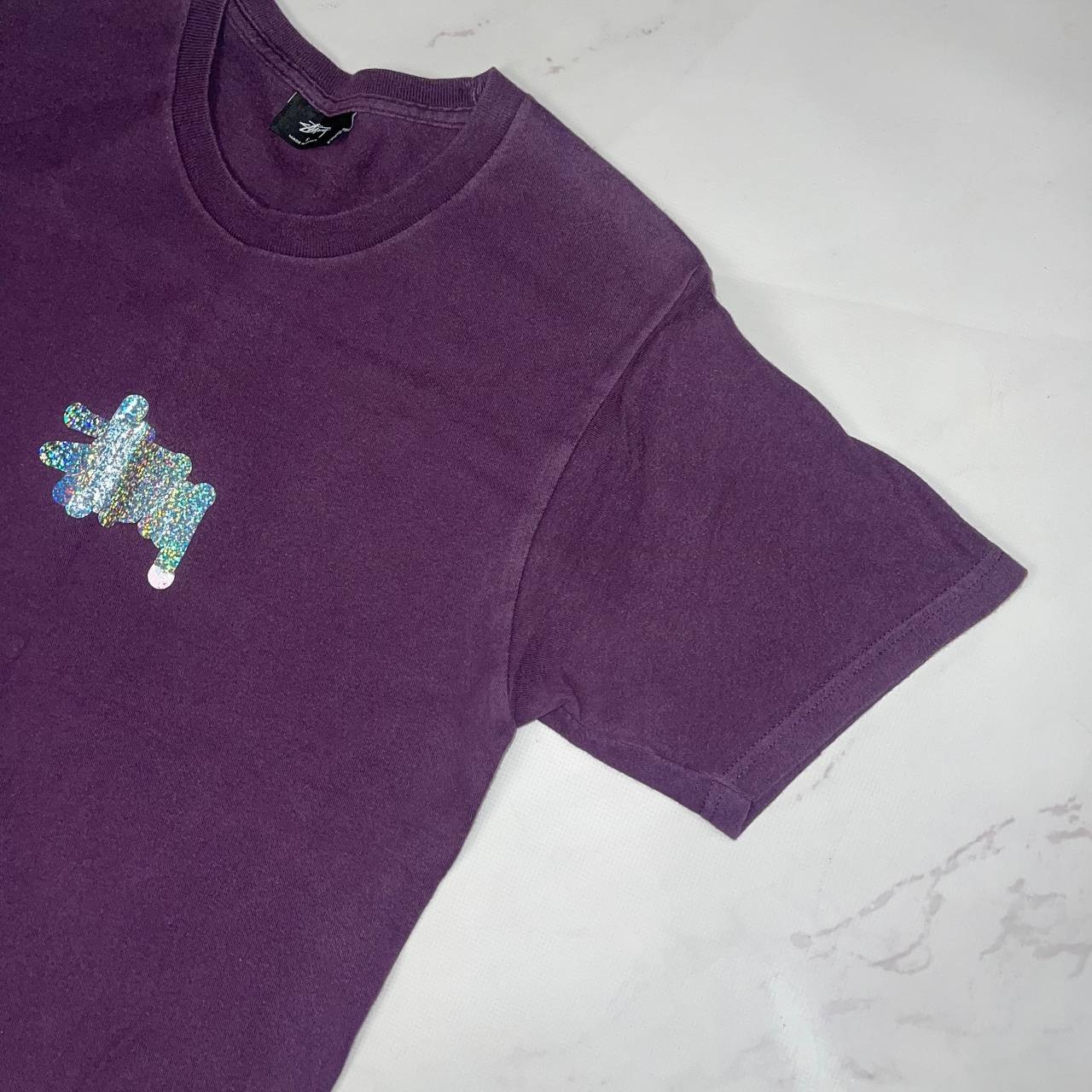 Vintage STUSSY T-Shirt Purple Glitter Logo Y2K Casual Tee Size S gallery