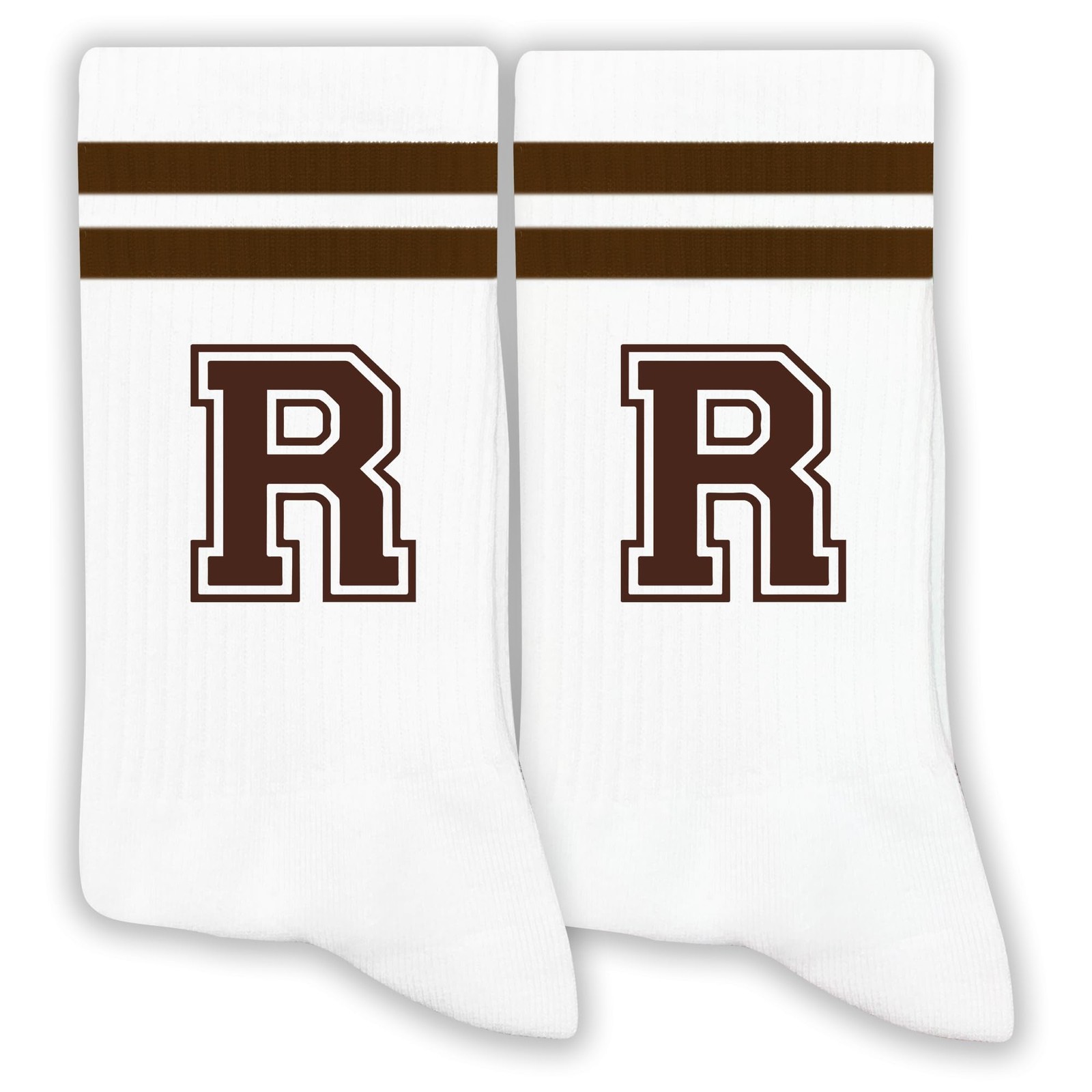 Brown Initial Stripes Socks with Letter R, Retro Athletic Style Socks, Person... gallery