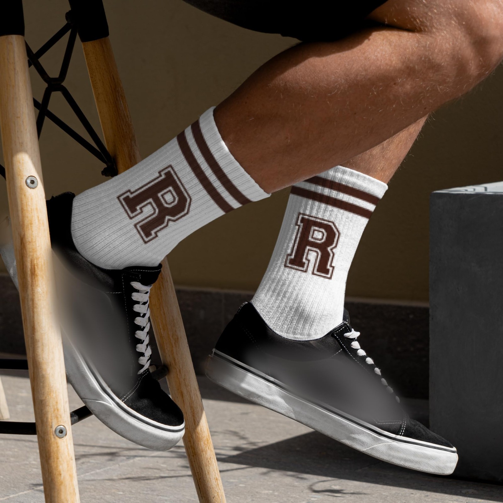 Brown Initial Stripes Socks with Letter R, Retro Athletic Style Socks, Person... gallery