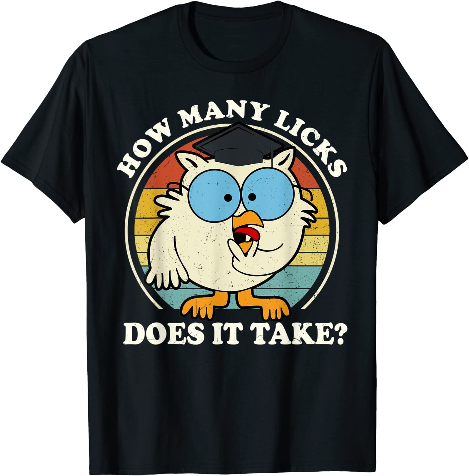 Funny Owl How Many Licks Does It Take Retro Vintage Unisex T-Shirt gallery