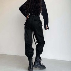 High Waist Solid Color Large Pocket Cargo Pants Women Loose Bundle Foot Ribbon