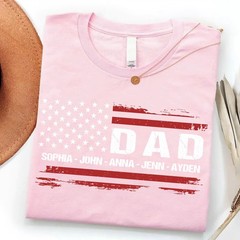 Personalized Dad Shirt Custom Kids Name Patriotic USA Flag 4th of July Gift Tee