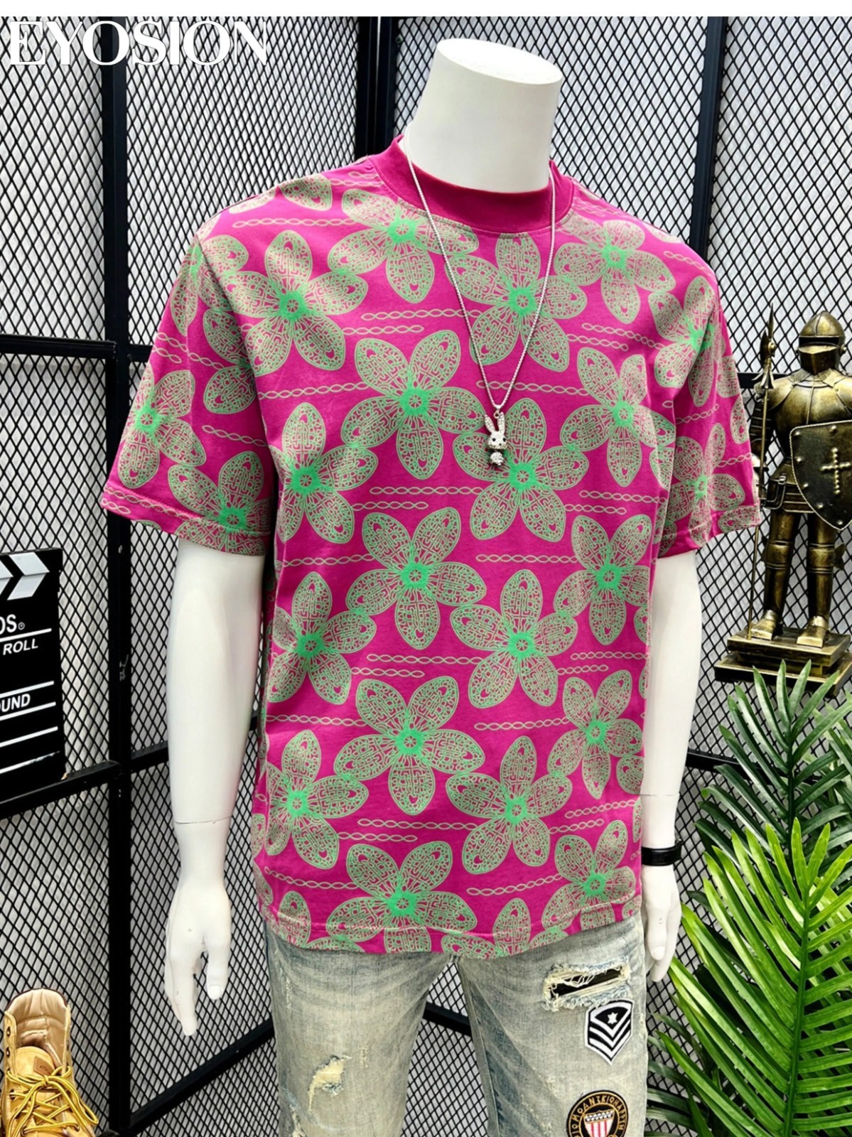 Men's Pink Floral Print T-Shirt Casual Short Sleeve Cotton Crew Neck Summer Tee gallery